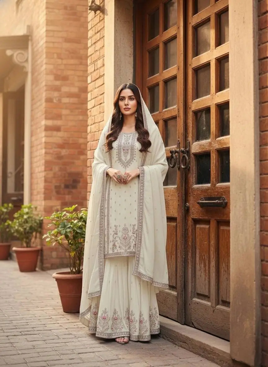 Embroidered Chinon Silk Kurti Plazzo Set for Festive and Wedding Wear