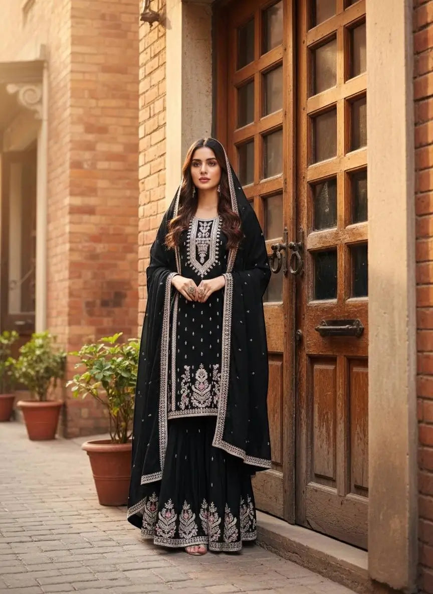 Embroidered Chinon Silk Kurti Plazzo Set for Festive and Wedding Wear