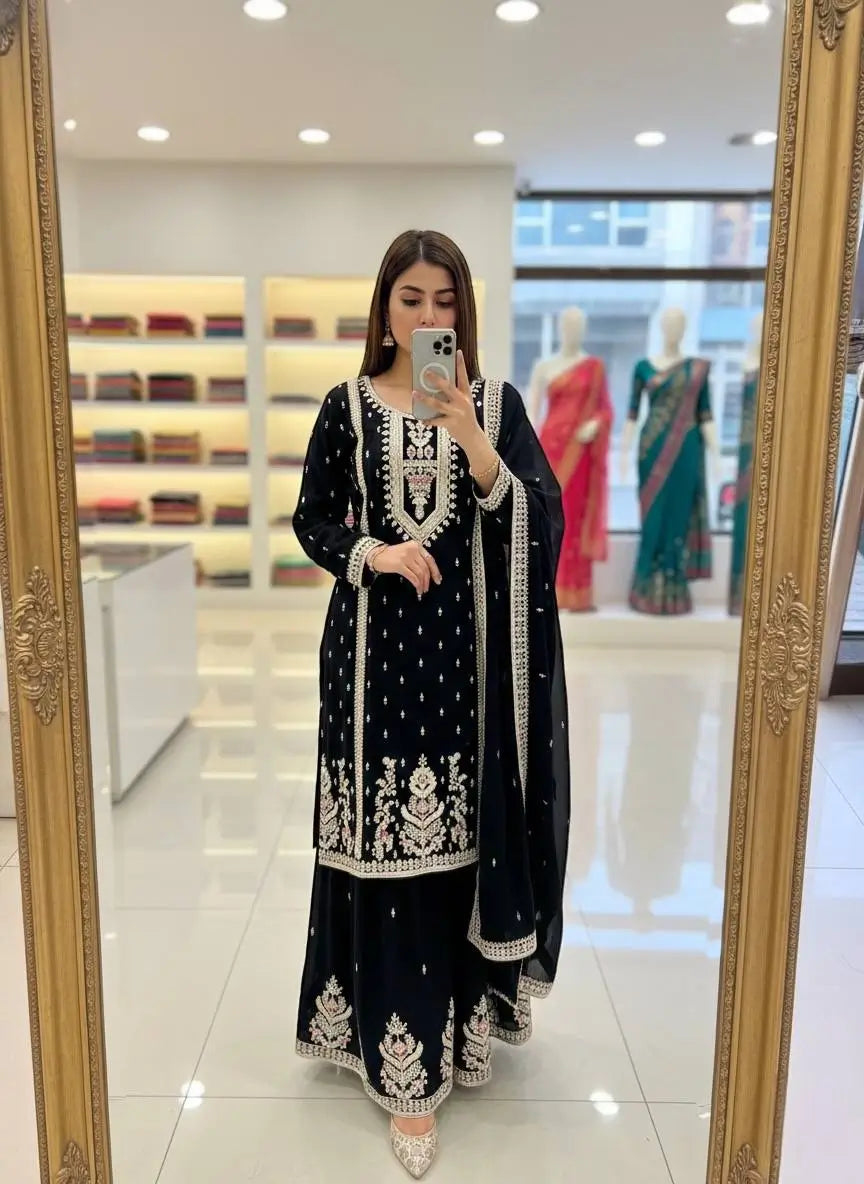 Embroidered Chinon Silk Kurti Plazzo Set for Festive and Wedding Wear