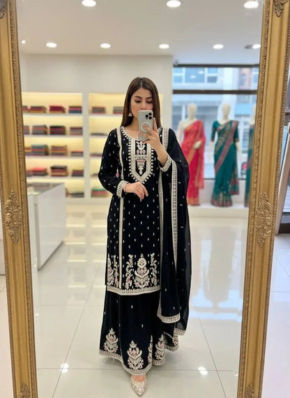 Embroidered Chinon Silk Kurti Plazzo Set for Festive and Wedding Wear