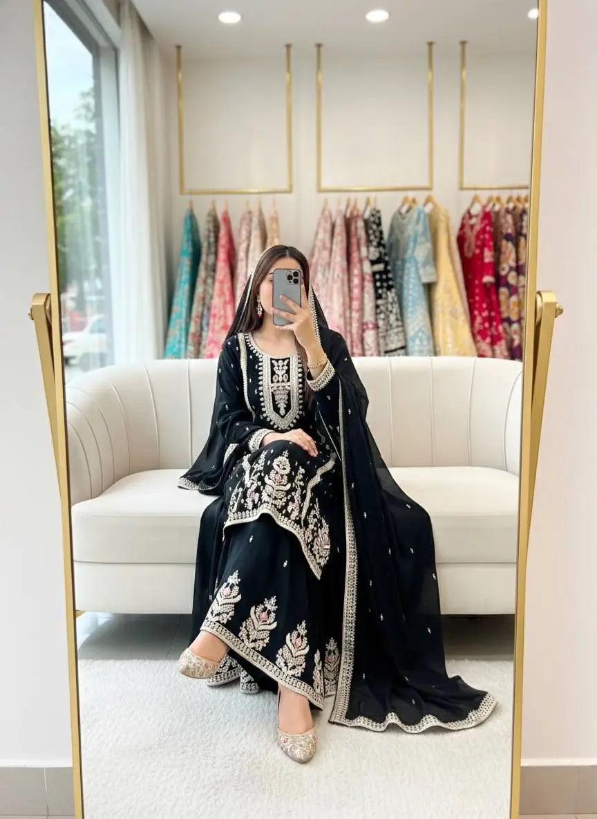 Embroidered Chinon Silk Kurti Plazzo Set for Festive and Wedding Wear