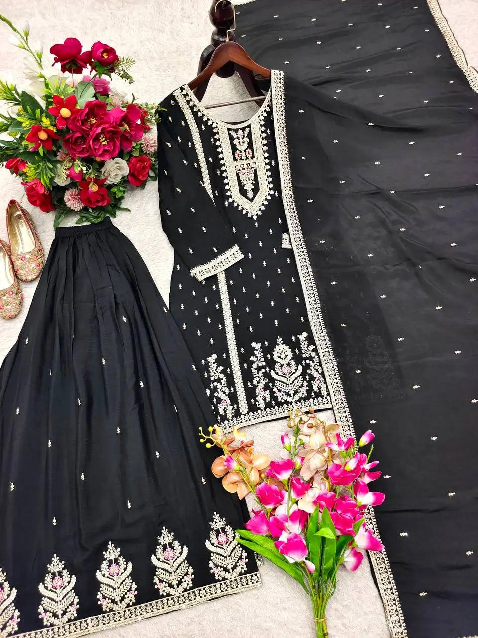 Embroidered Chinon Silk Kurti Plazzo Set for Festive and Wedding Wear