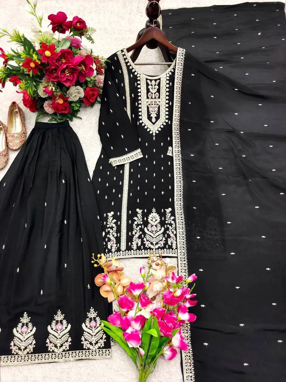 Embroidered Chinon Silk Kurti Plazzo Set for Festive and Wedding Wear
