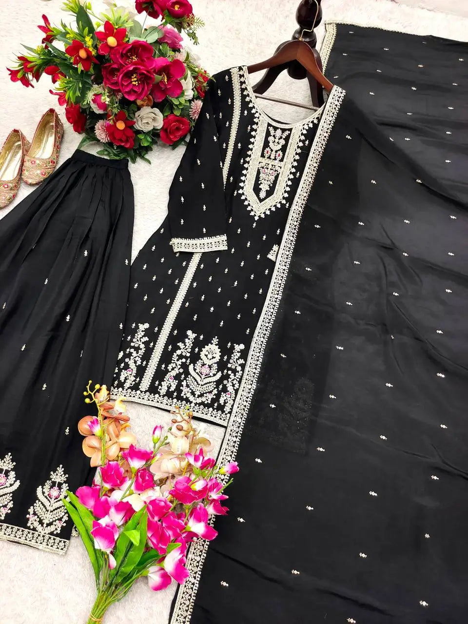 Embroidered Chinon Silk Kurti Plazzo Set for Festive and Wedding Wear