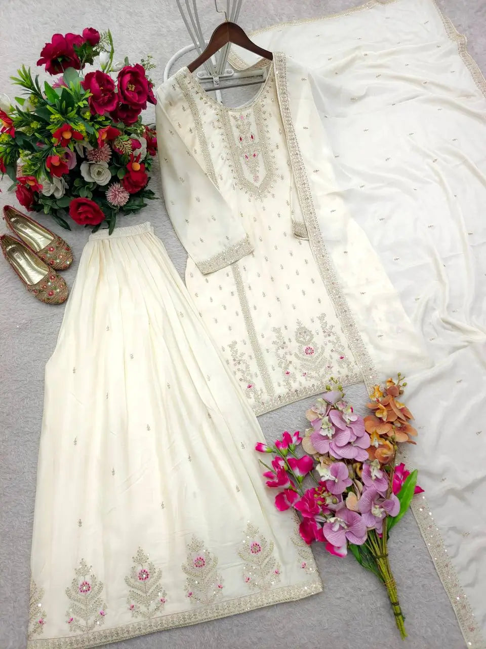 Embroidered Chinon Silk Kurti Plazzo Set for Festive and Wedding Wear