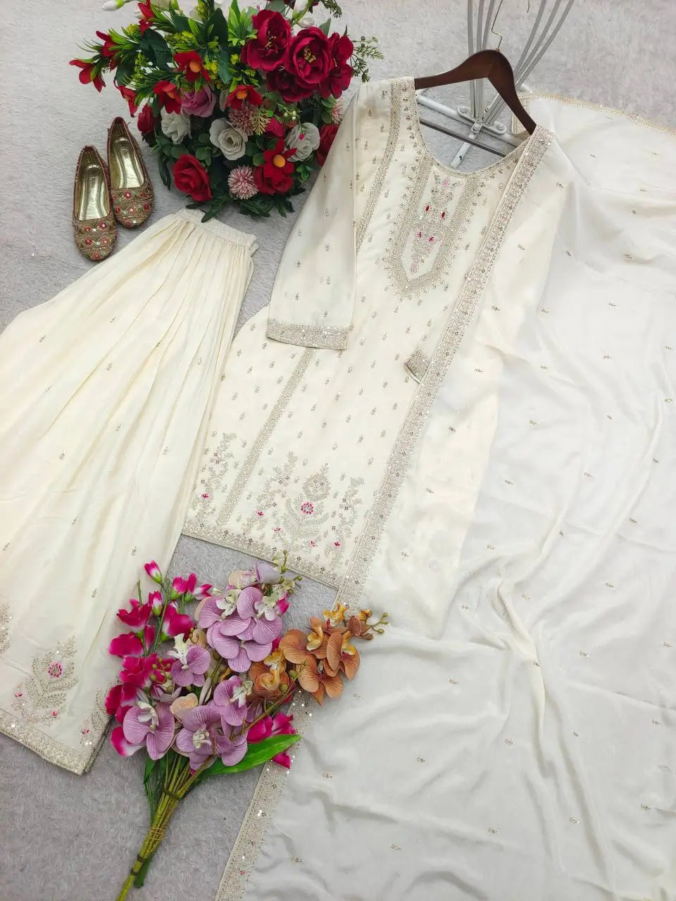 Embroidered Chinon Silk Kurti Plazzo Set for Festive and Wedding Wear