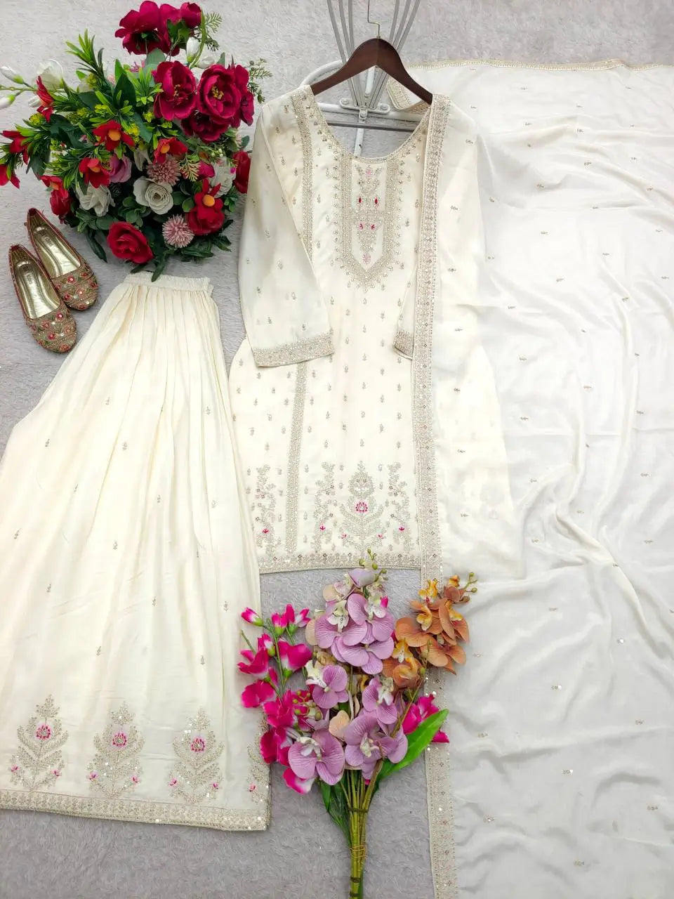 Embroidered Chinon Silk Kurti Plazzo Set for Festive and Wedding Wear