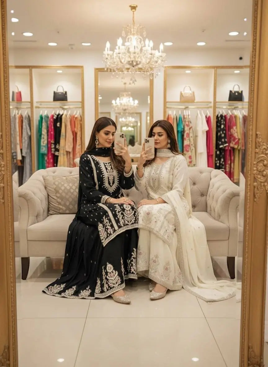 Embroidered Chinon Silk Kurti Plazzo Set for Festive and Wedding Wear