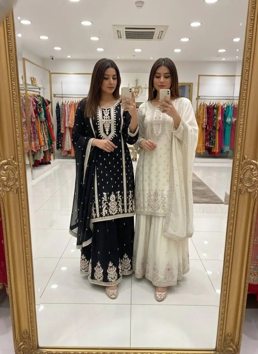 Embroidered Chinon Silk Kurti Plazzo Set for Festive and Wedding Wear