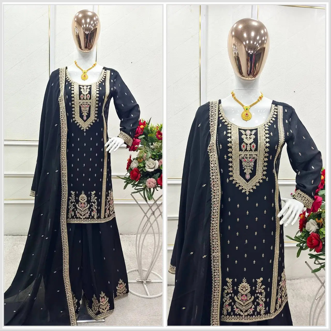 Embroidered Chinon Silk Kurti Plazzo Set for Festive and Wedding Wear