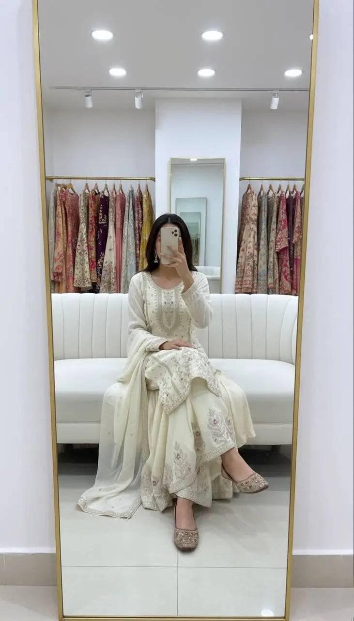 Embroidered Chinon Silk Kurti Plazzo Set for Festive and Wedding Wear
