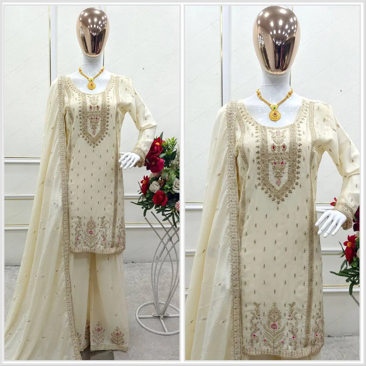 Embroidered Chinon Silk Kurti Plazzo Set for Festive and Wedding Wear