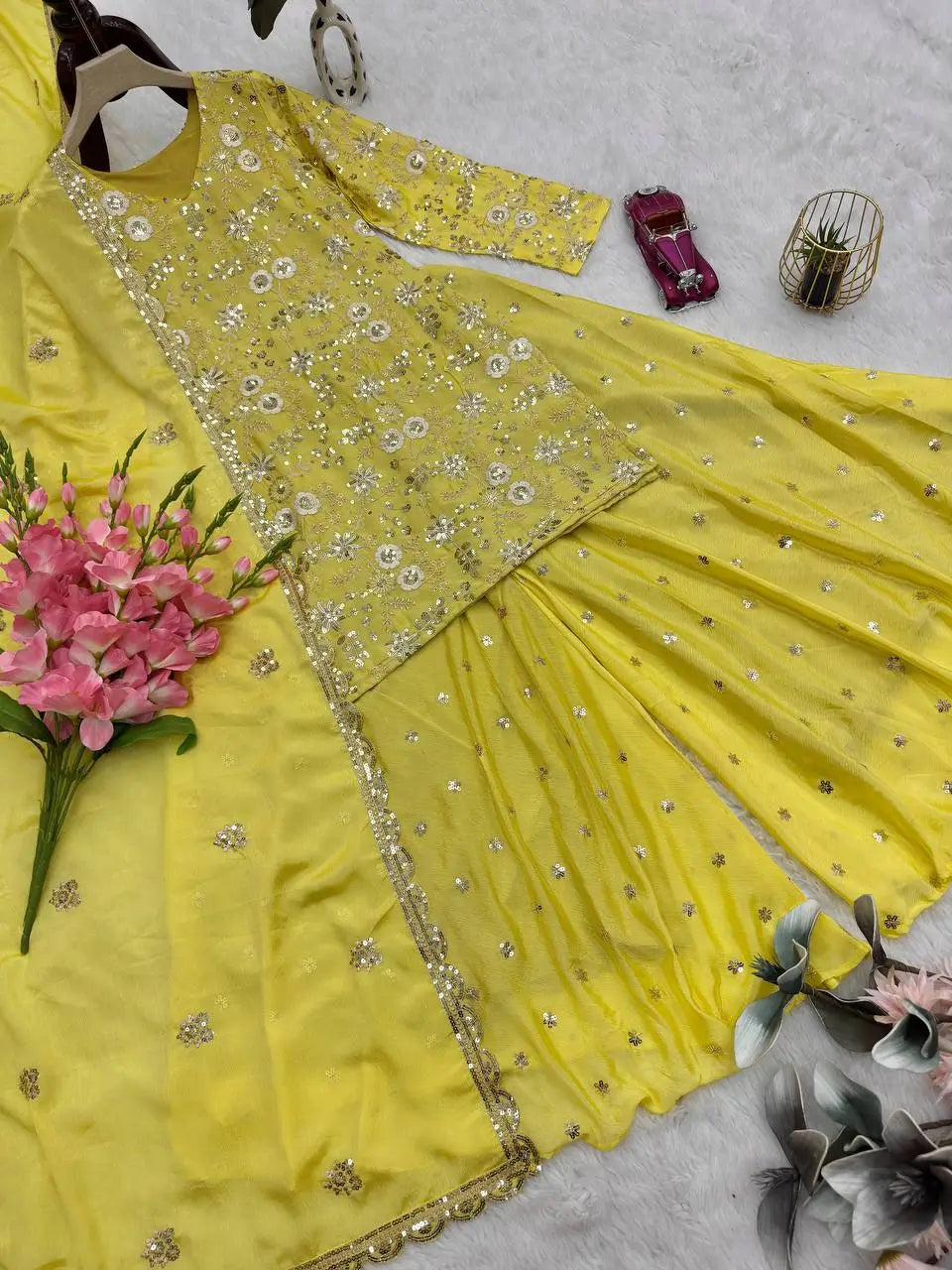 Embroidered Chinon Silk Kurti Plazzo Set for Festive and Wedding Wear
