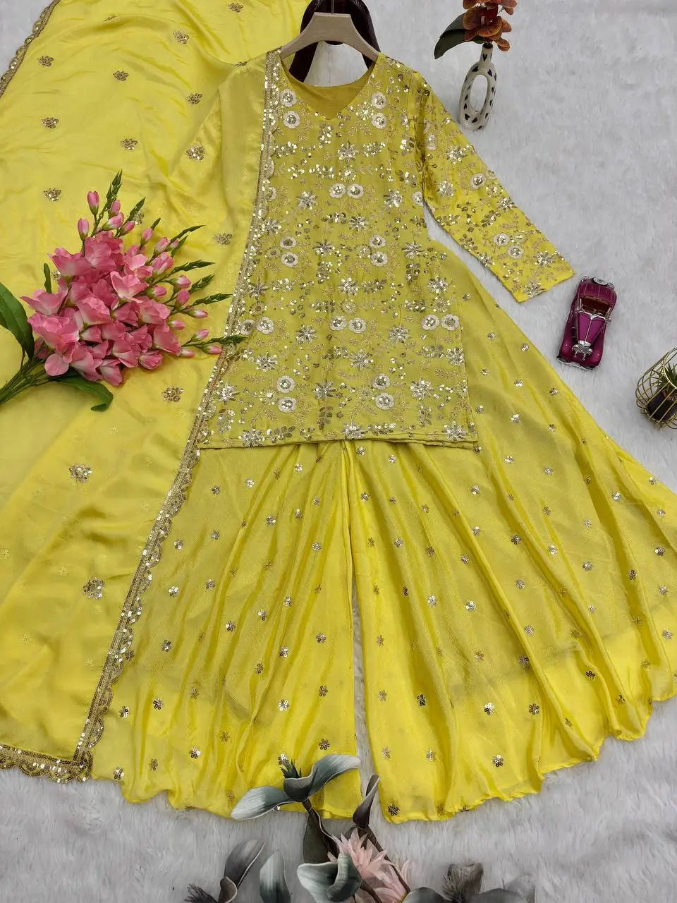 Embroidered Chinon Silk Kurti Plazzo Set for Festive and Wedding Wear