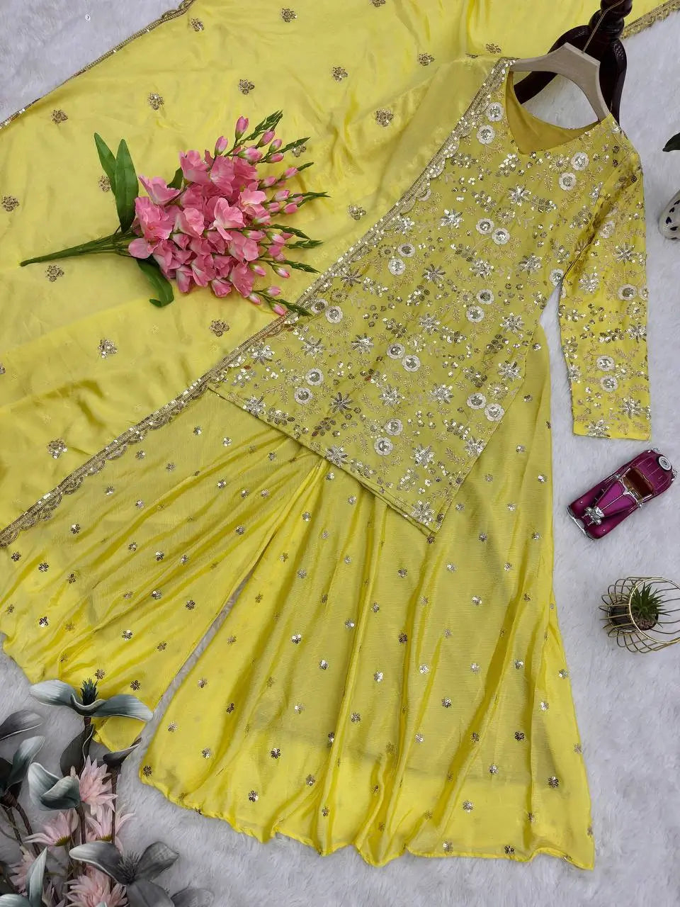 Embroidered Chinon Silk Kurti Plazzo Set for Festive and Wedding Wear