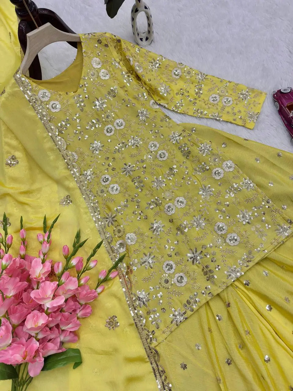 Embroidered Chinon Silk Kurti Plazzo Set for Festive and Wedding Wear