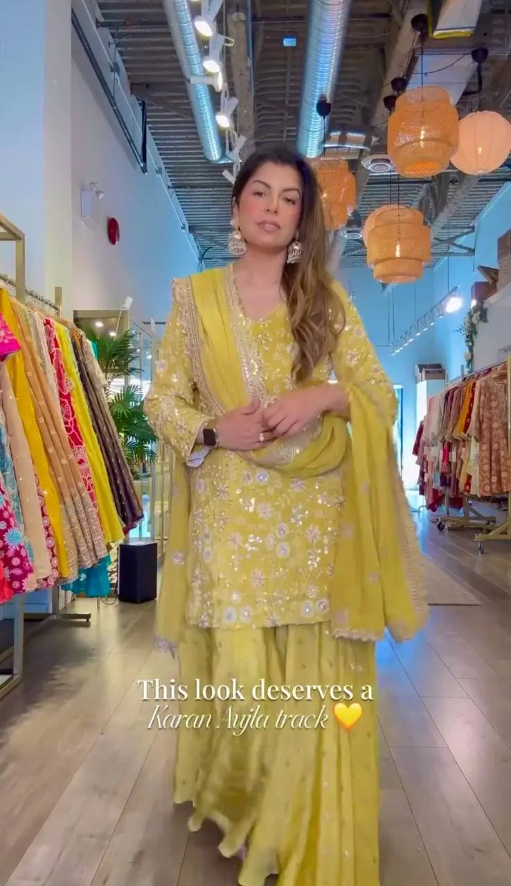 Embroidered Chinon Silk Kurti Plazzo Set for Festive and Wedding Wear
