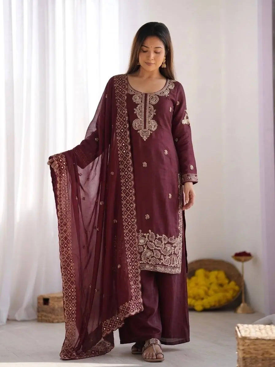Embroidered Chinon Silk Palazzo Sharara Set