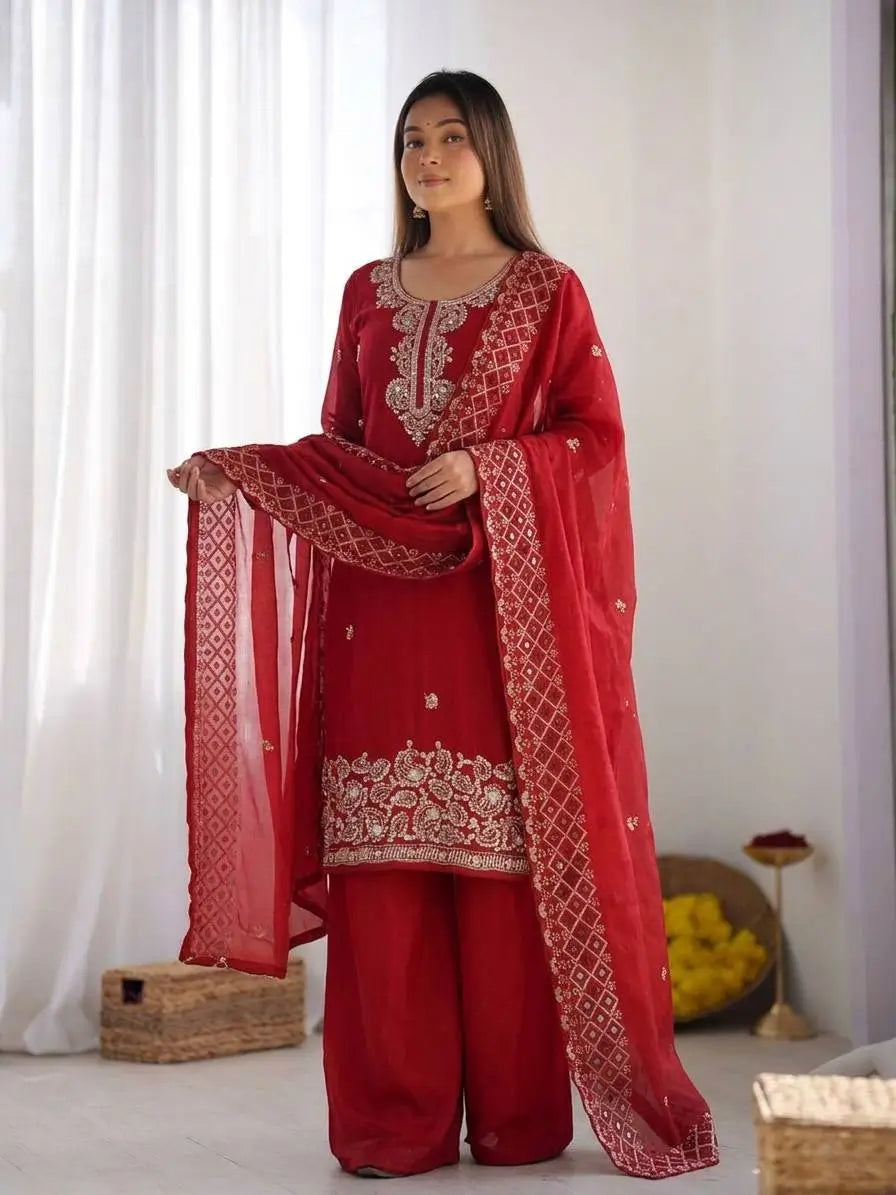 Embroidered Chinon Silk Palazzo Sharara Set