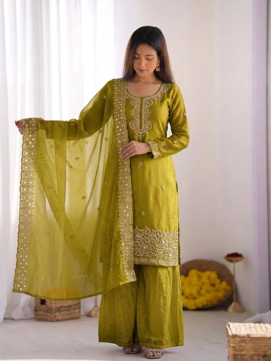 Embroidered Chinon Silk Palazzo Sharara Set