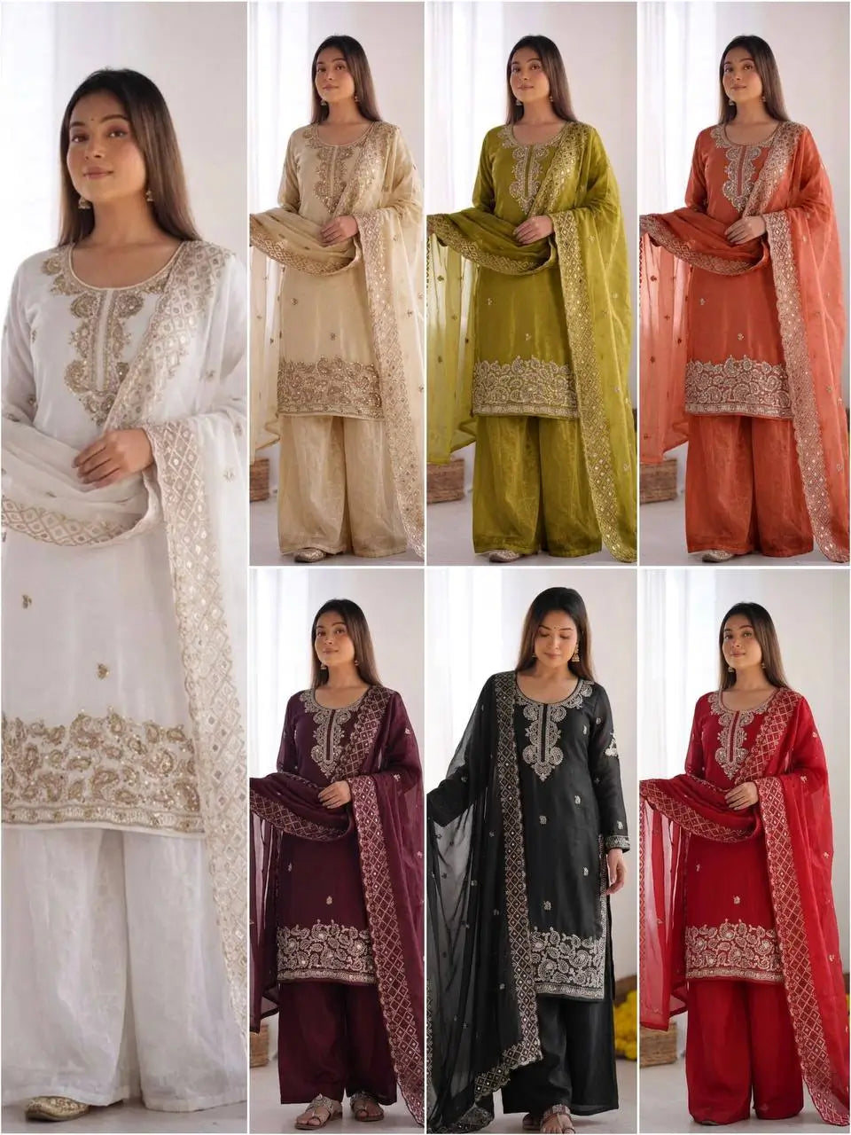 Embroidered Chinon Silk Palazzo Sharara Set
