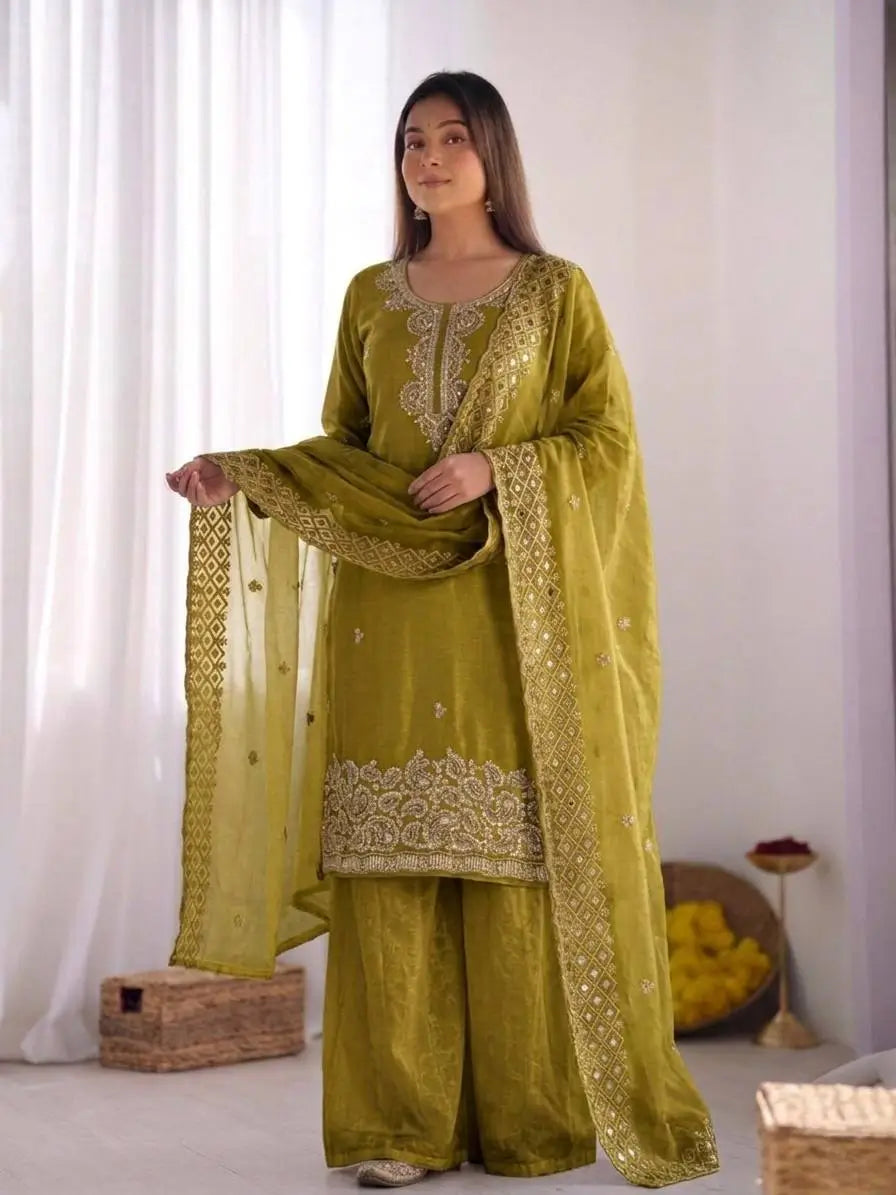 Embroidered Chinon Silk Palazzo Sharara Set