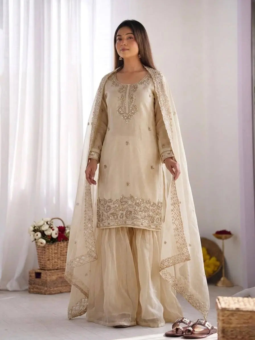 Embroidered Chinon Silk Palazzo Sharara Set