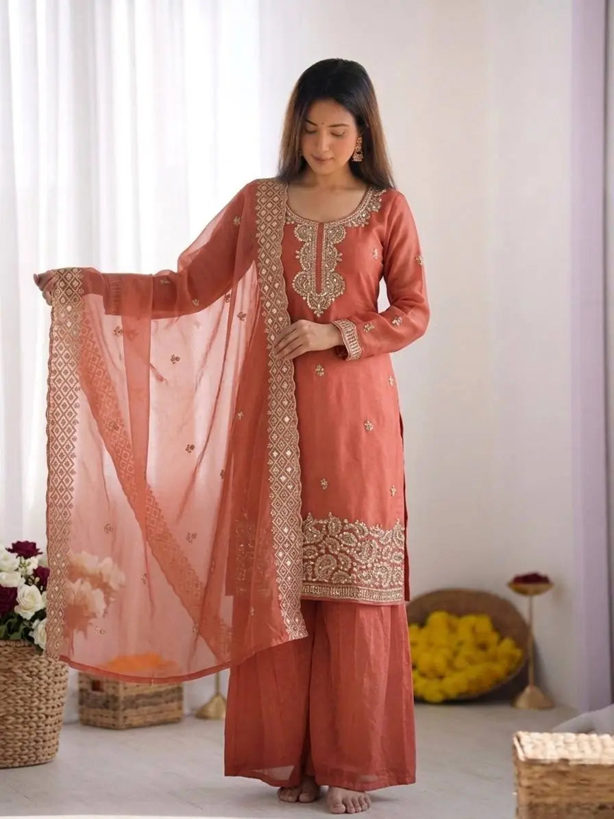 Embroidered Chinon Silk Palazzo Sharara Set