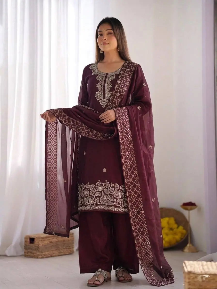 Embroidered Chinon Silk Palazzo Sharara Set