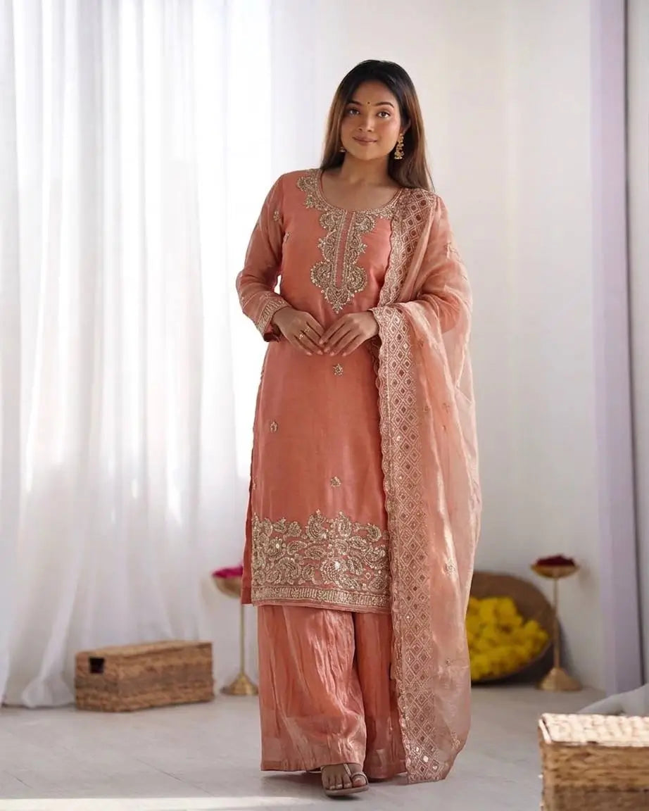 Embroidered Chinon Silk Palazzo Sharara Set