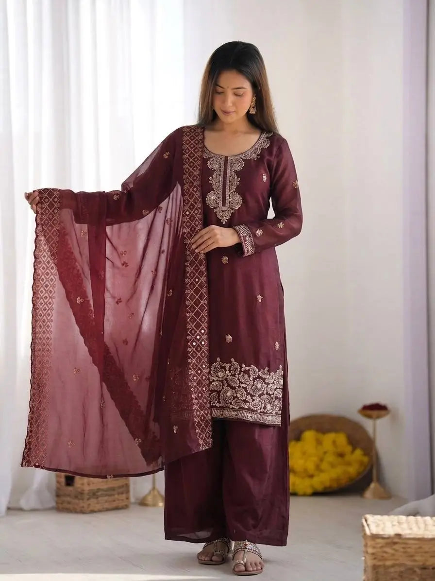 Embroidered Chinon Silk Palazzo Sharara Set