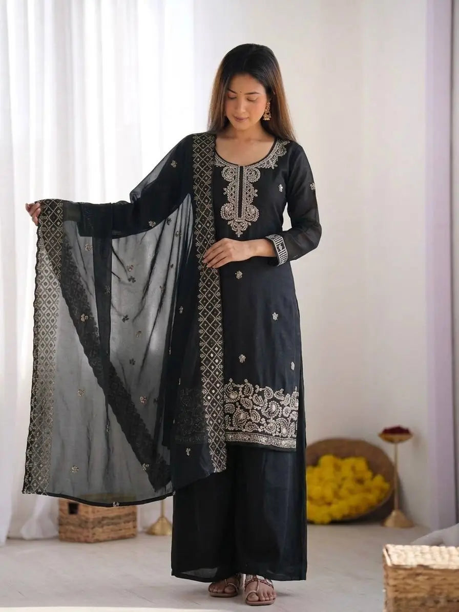 Embroidered Chinon Silk Palazzo Sharara Set