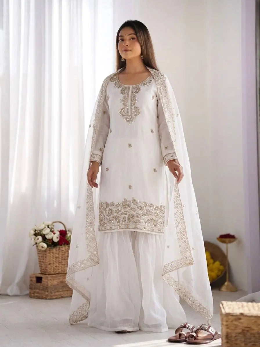 Embroidered Chinon Silk Palazzo Sharara Set
