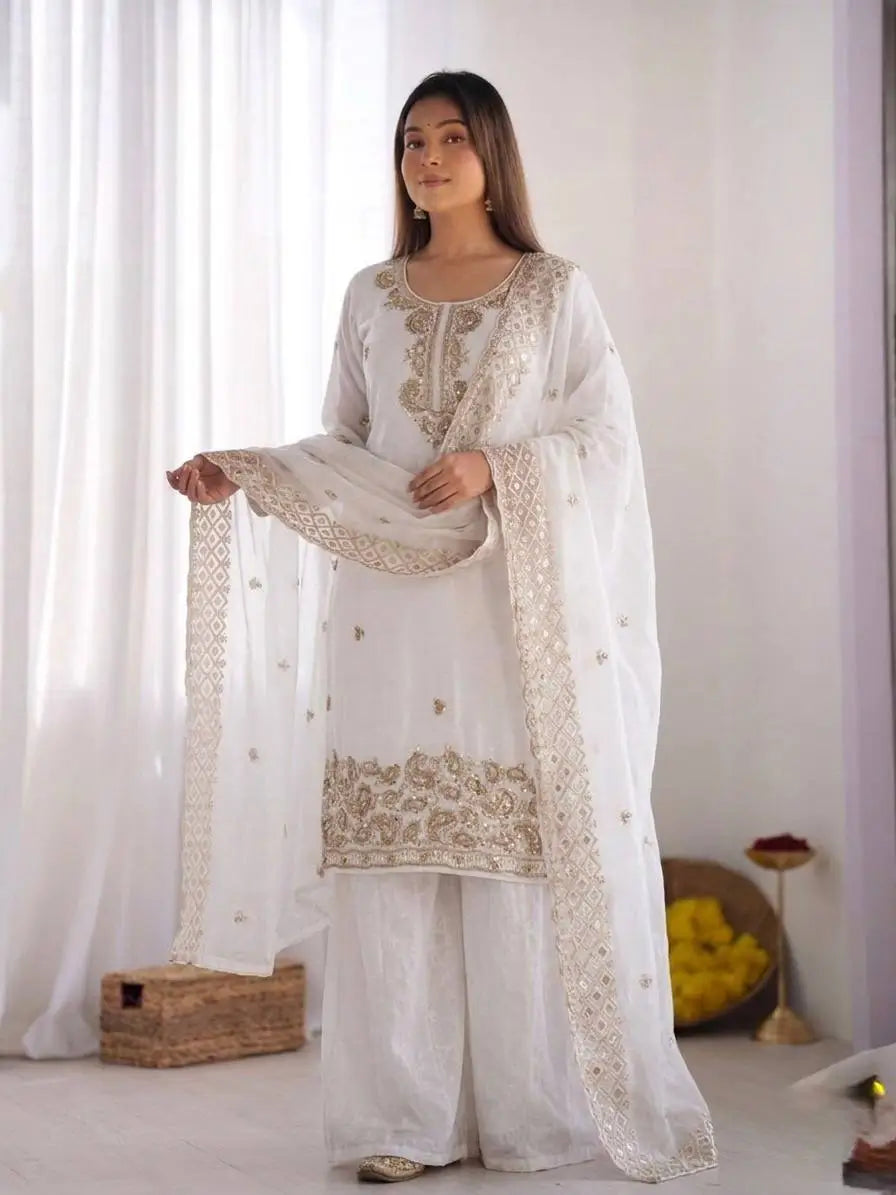 Embroidered Chinon Silk Palazzo Sharara Set