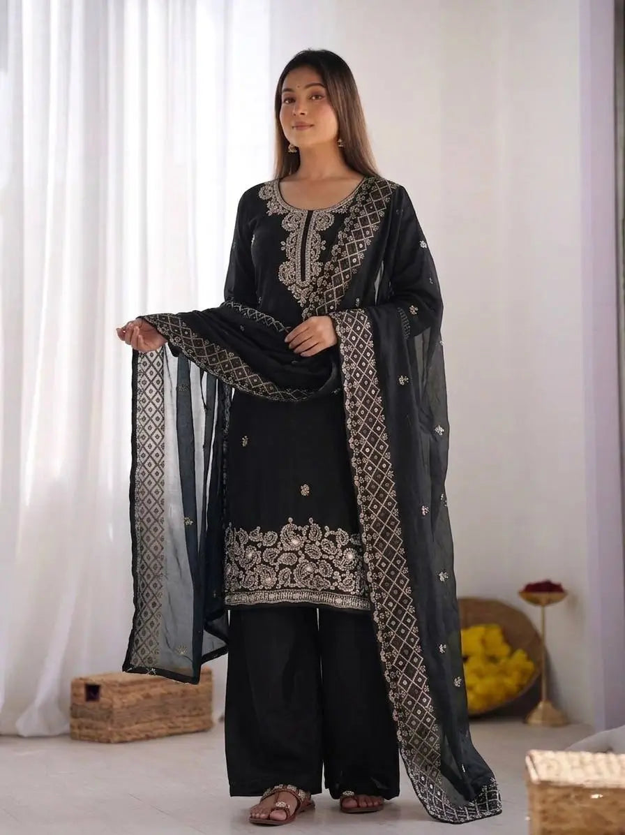Embroidered Chinon Silk Palazzo Sharara Set