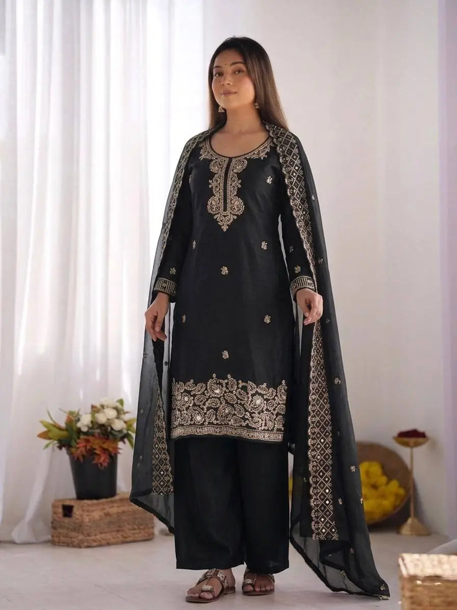 Embroidered Chinon Silk Palazzo Sharara Set