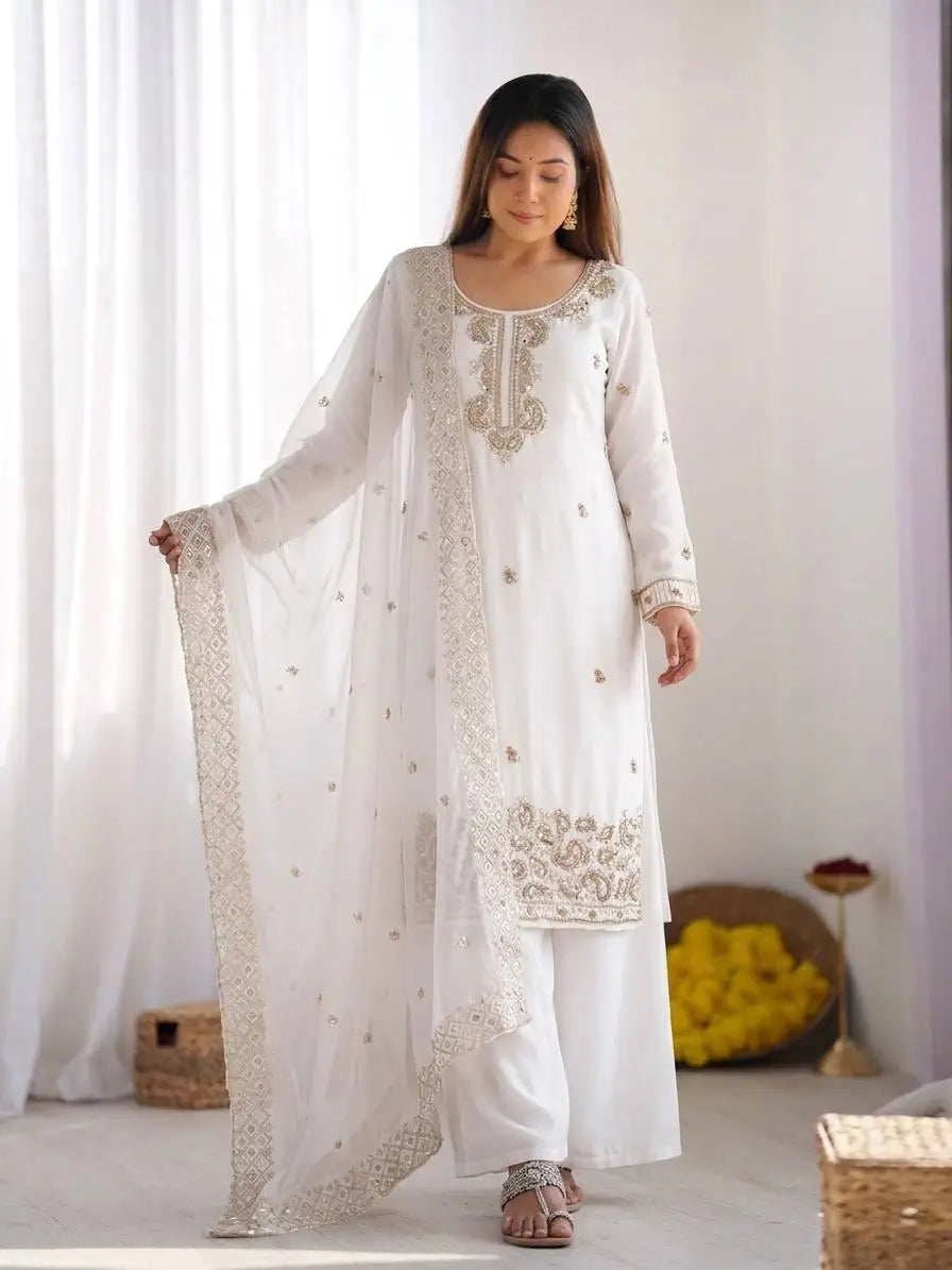 Embroidered Chinon Silk Palazzo Sharara Set