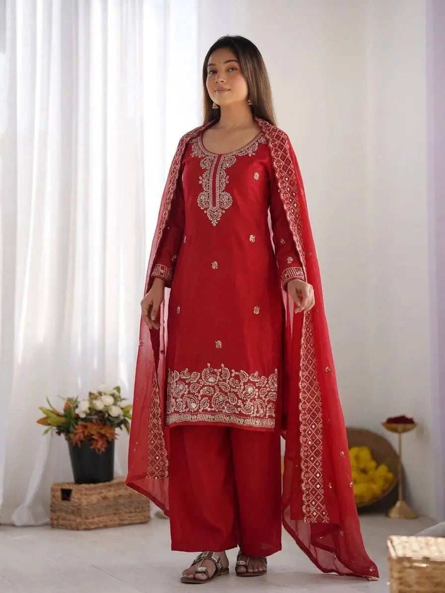 Embroidered Chinon Silk Palazzo Sharara Set