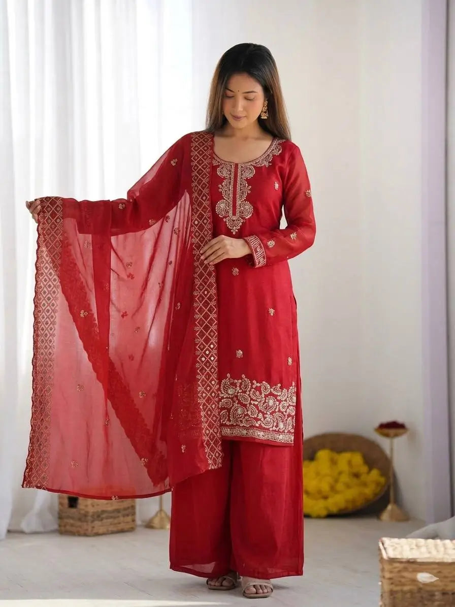 Embroidered Chinon Silk Palazzo Sharara Set