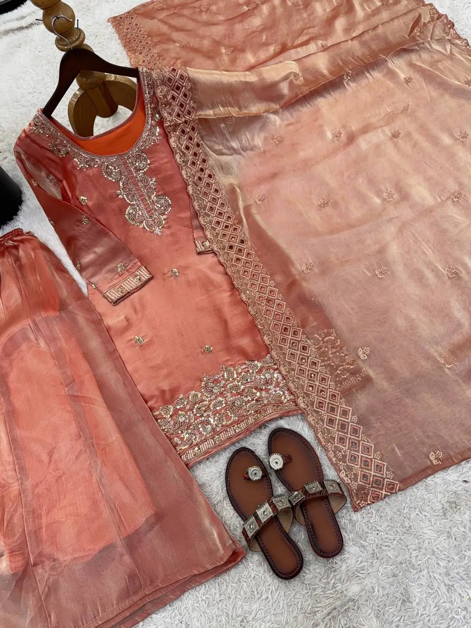 Embroidered Chinon Silk Palazzo Sharara Set