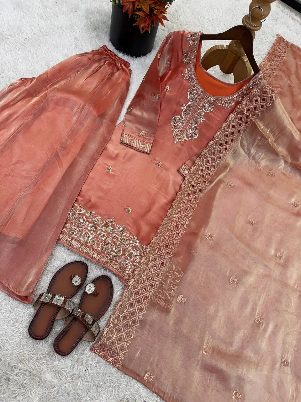 Embroidered Chinon Silk Palazzo Sharara Set