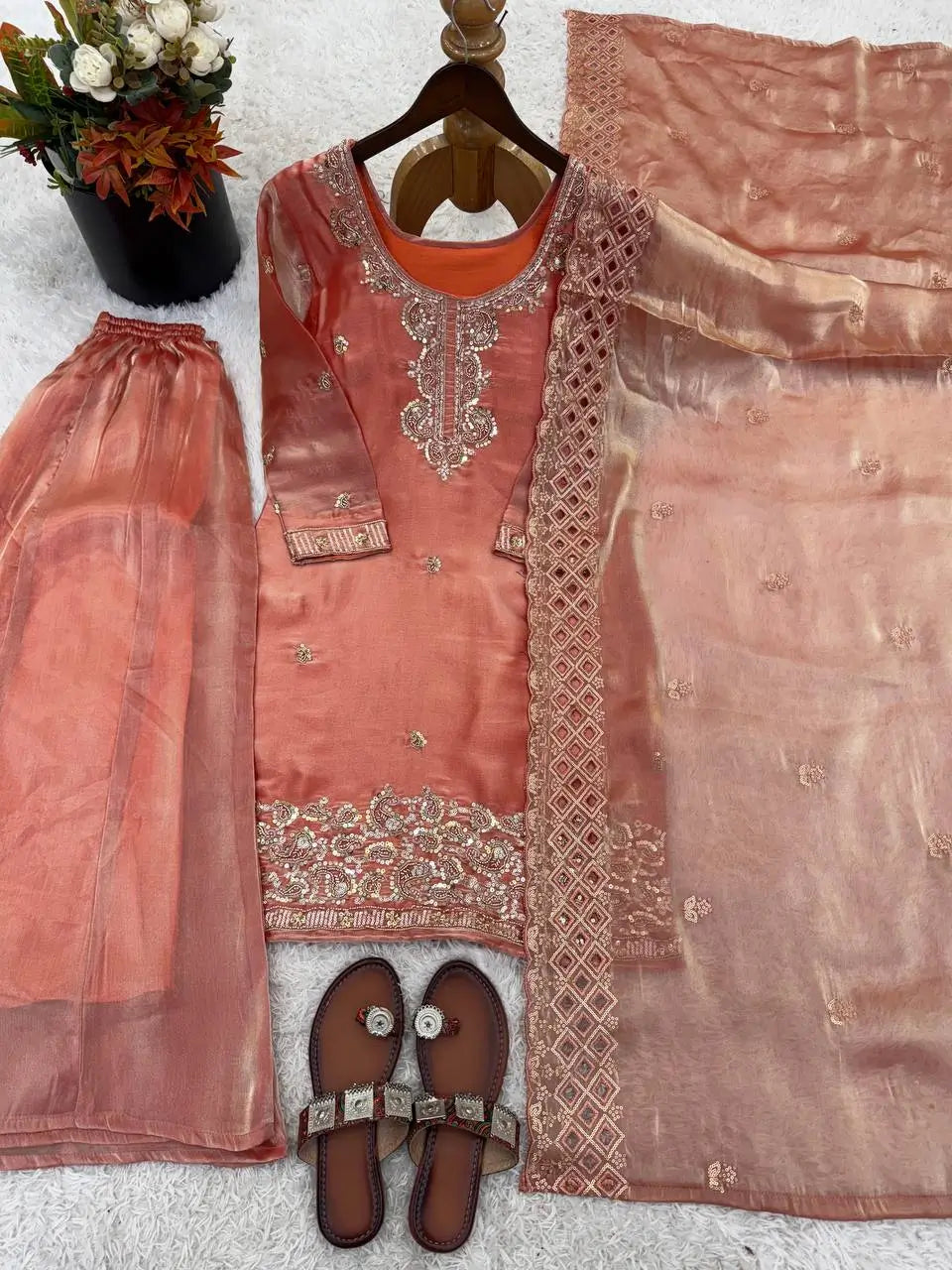 Embroidered Chinon Silk Palazzo Sharara Set