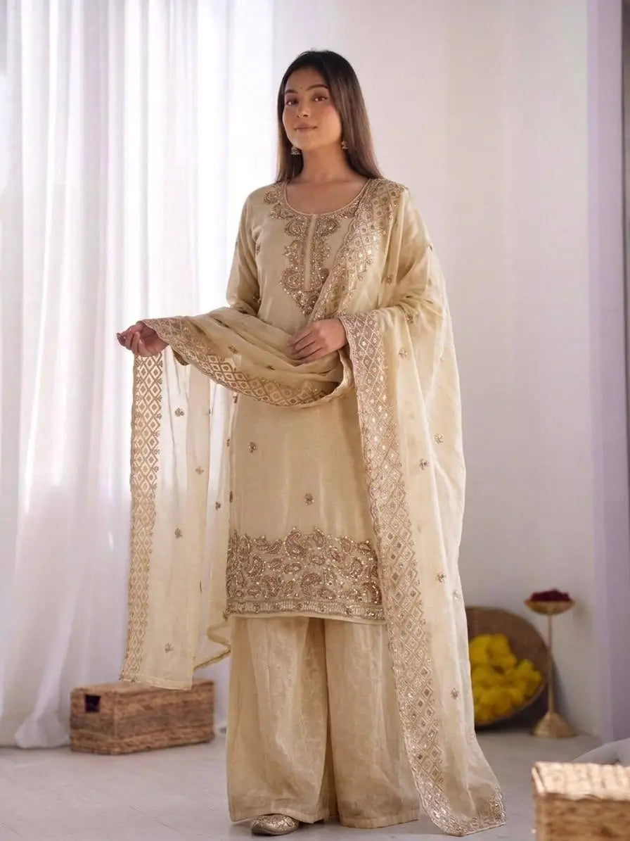 Embroidered Chinon Silk Palazzo Sharara Set