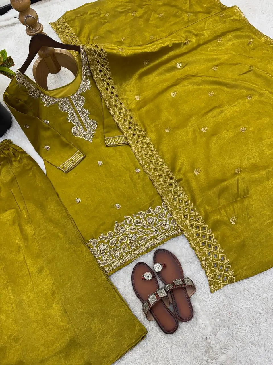 Embroidered Chinon Silk Palazzo Sharara Set