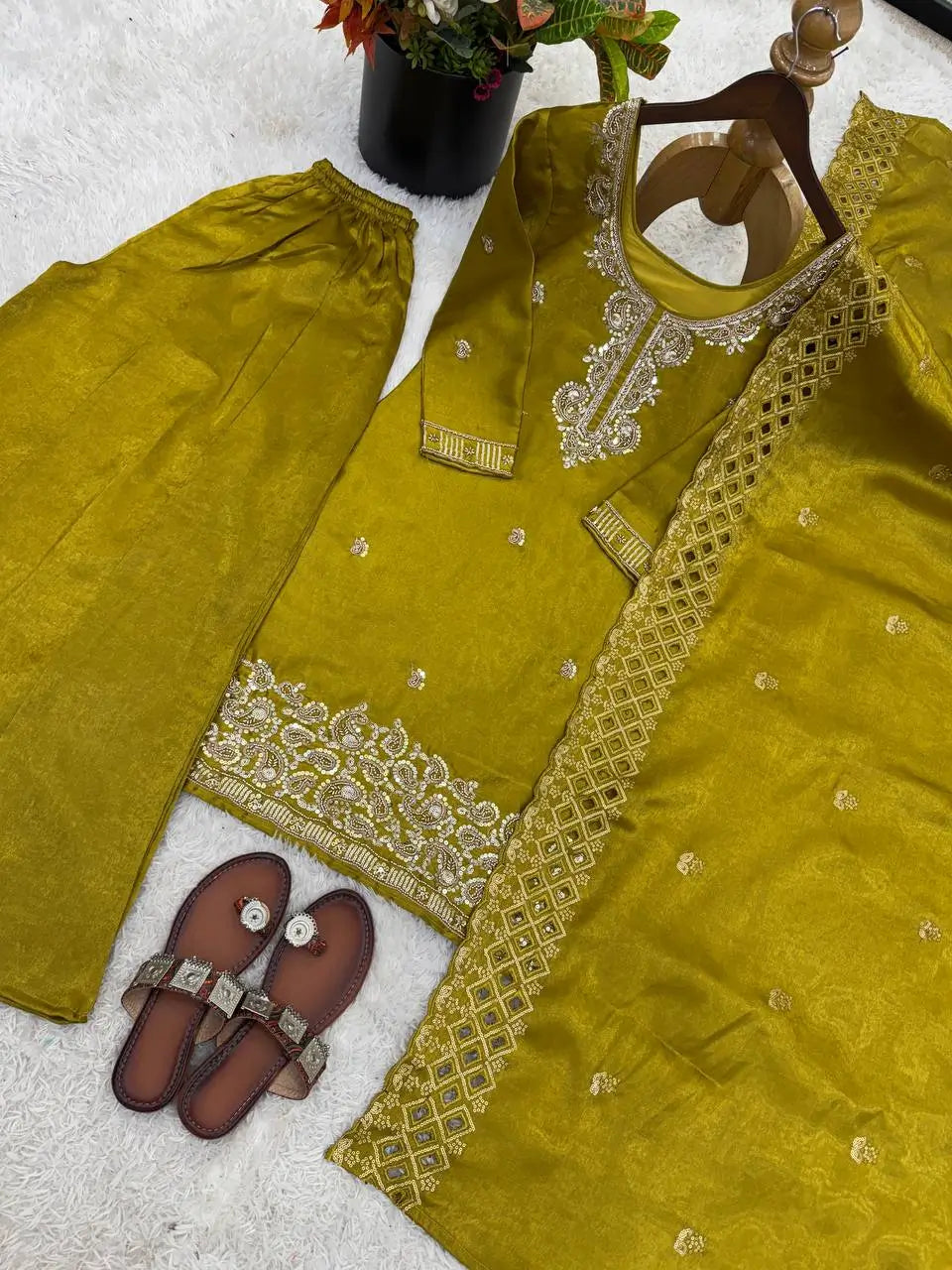 Embroidered Chinon Silk Palazzo Sharara Set