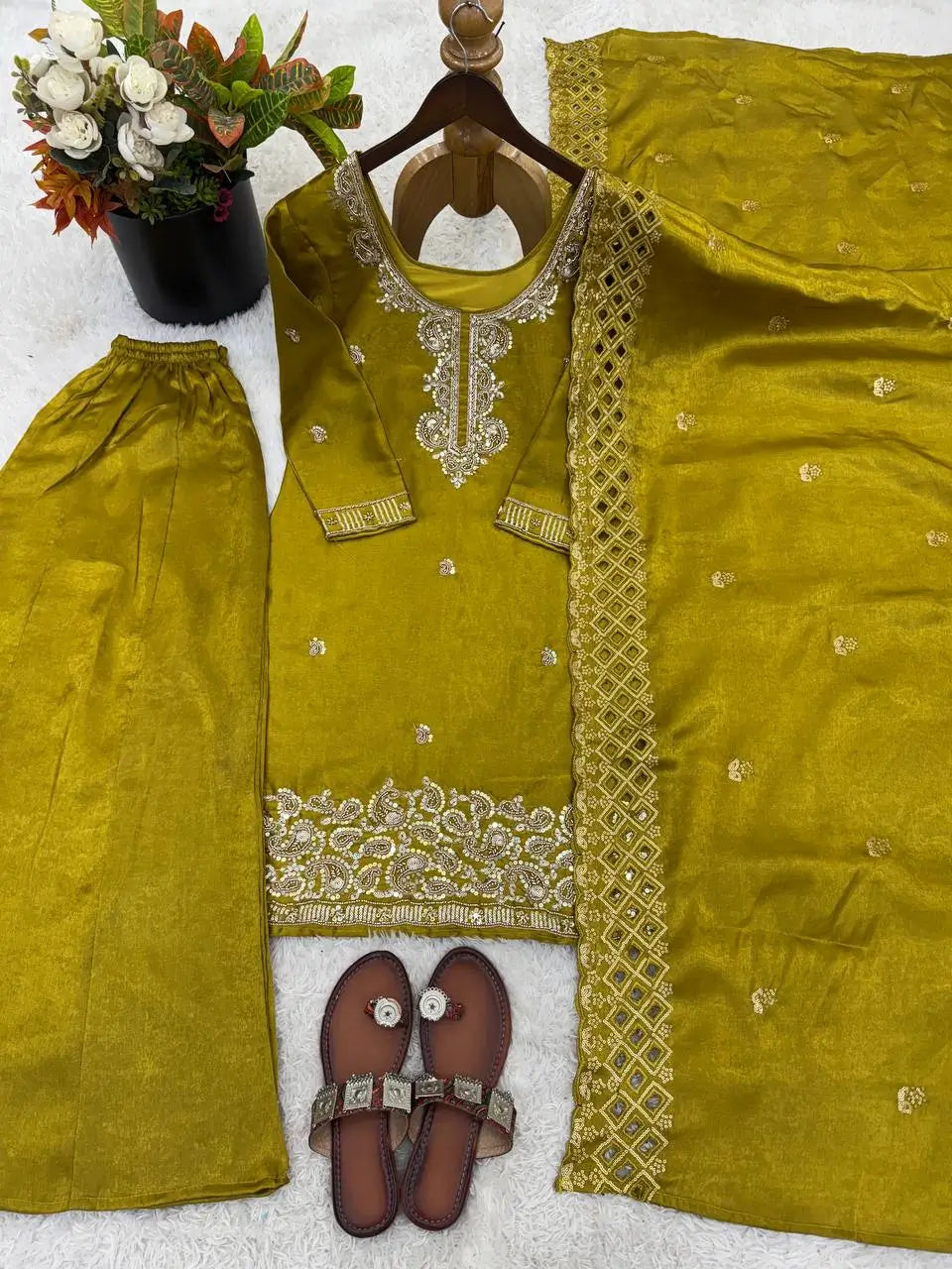 Embroidered Chinon Silk Palazzo Sharara Set