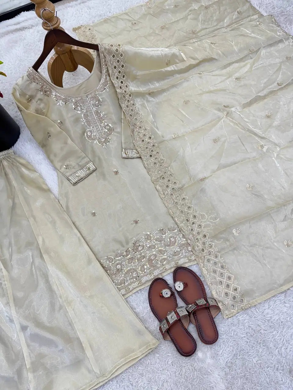 Embroidered Chinon Silk Palazzo Sharara Set
