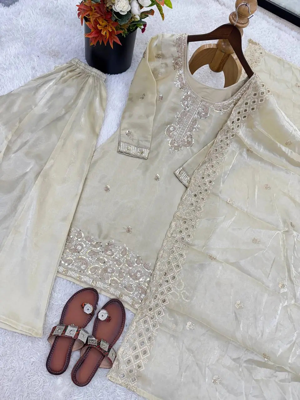 Embroidered Chinon Silk Palazzo Sharara Set