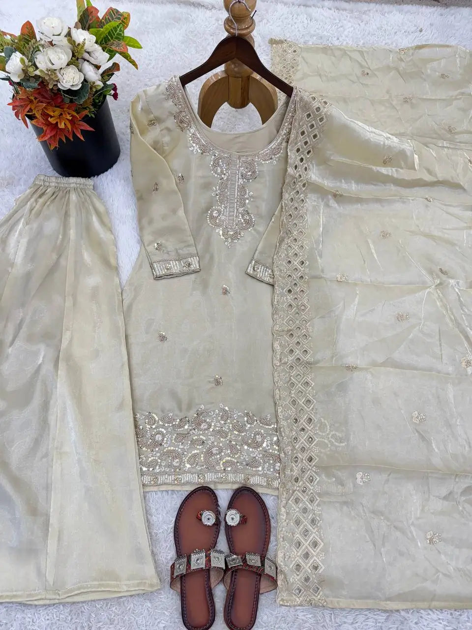 Embroidered Chinon Silk Palazzo Sharara Set