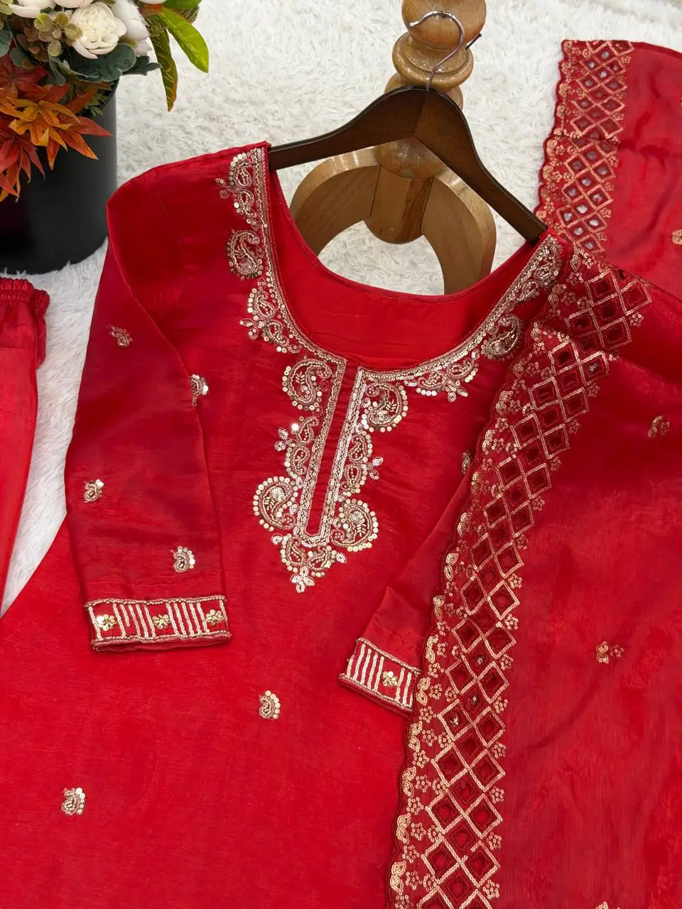 Embroidered Chinon Silk Palazzo Sharara Set